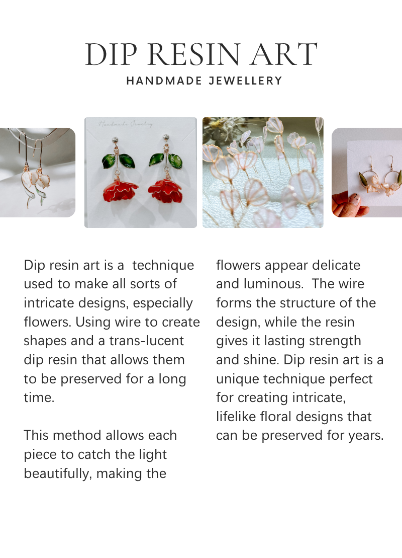 Handmade jewelry featuring dip resin art with text explaining the technique.